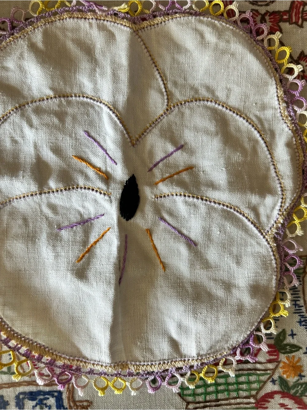 Vintage Hand-Embroidered White Floral Doily with Purple & Yellow Accents cat ?